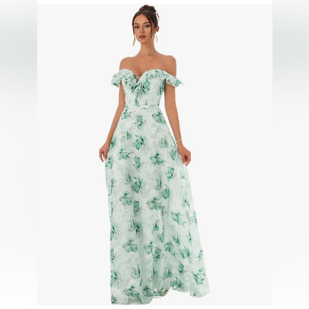NWOT VIP Girl Floral Off-Shoulder Dress – Teen Girl Green & White – Size L